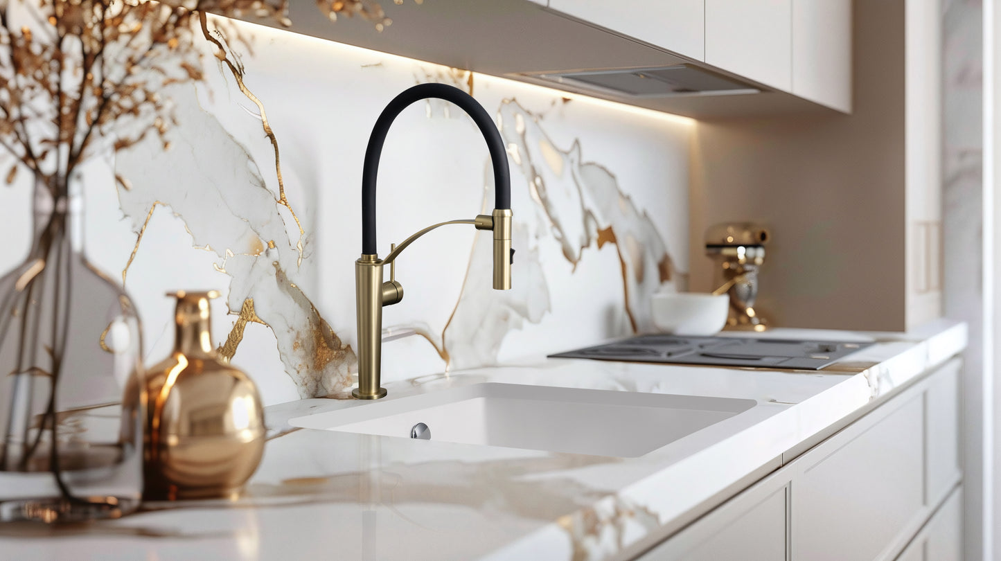 Virtuves maisītājs ar elastīgu snīpi - 2 veidu sprauslas Corda 435 mm matēta zelts - N1 Home