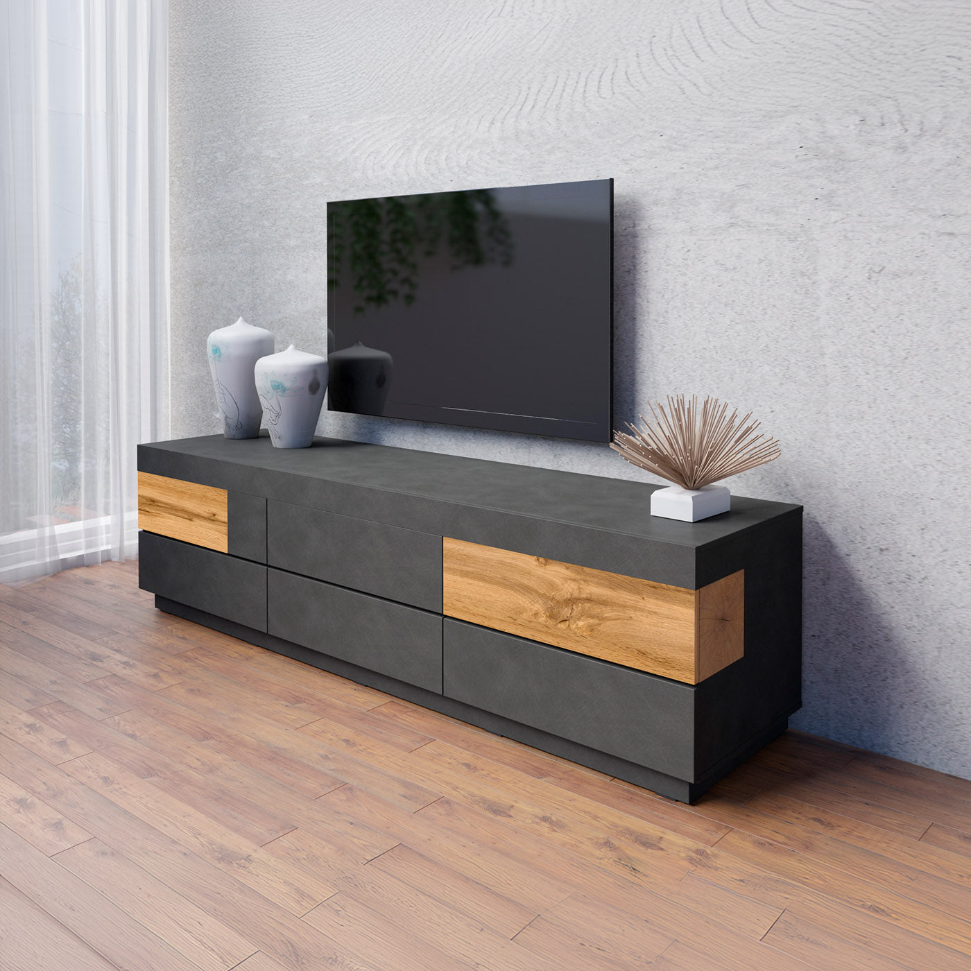 TV skapis Solani 206/54/50 cm antracīts/Votan ozols