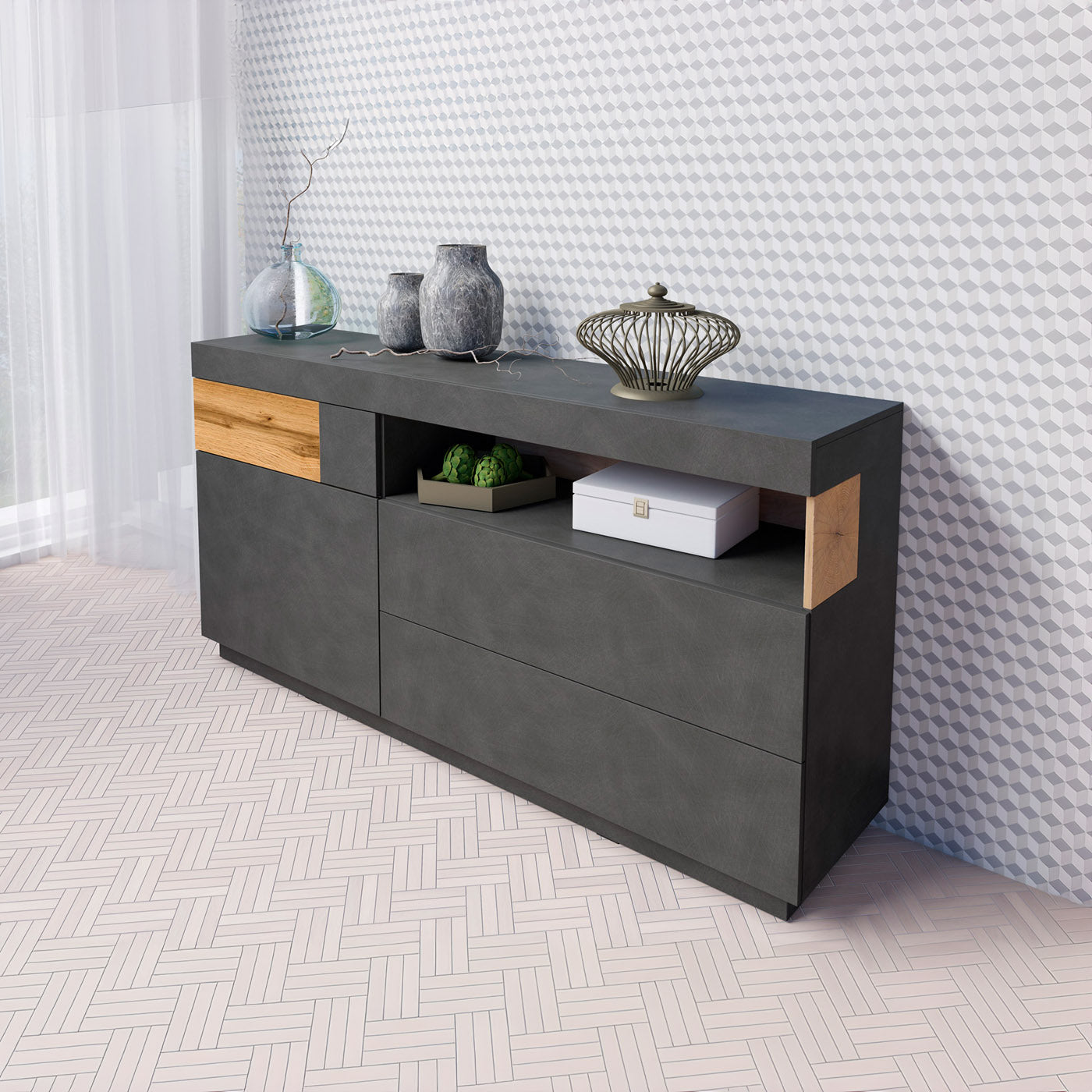 Kumode Solani 169/85/40 cm antracīts/Votan ozols - N1 Home