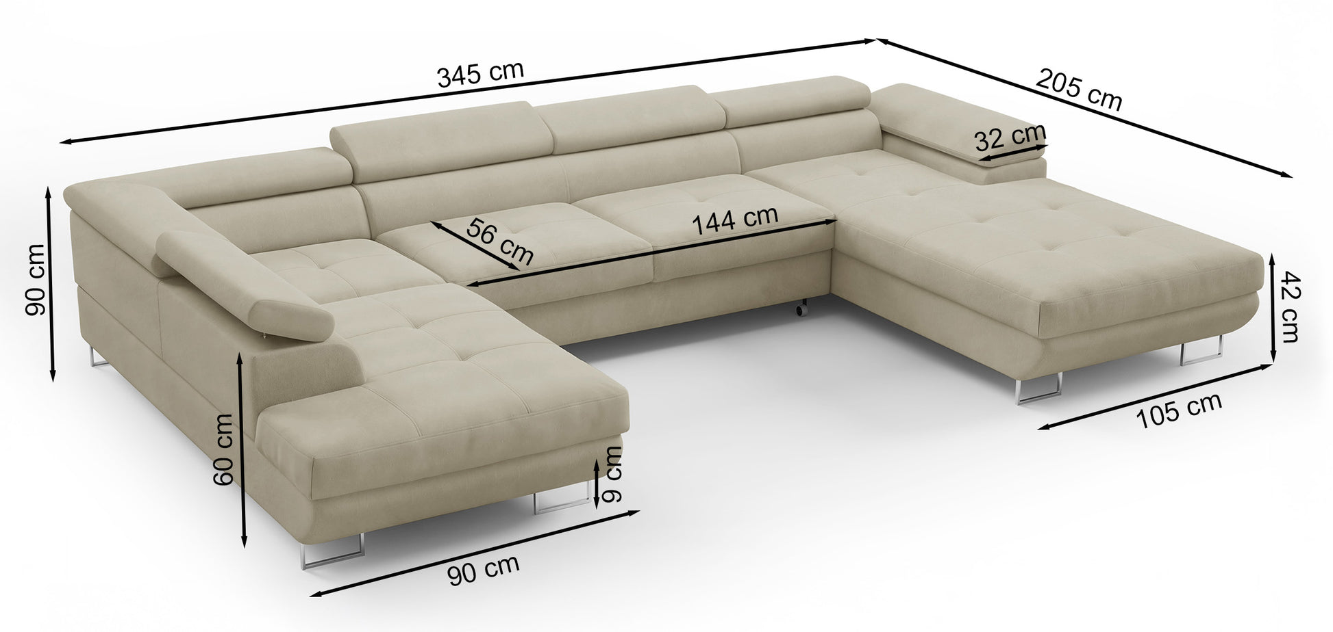 Dīvāns Nola 345/90/205 cm Gerra 120 - N1 Home