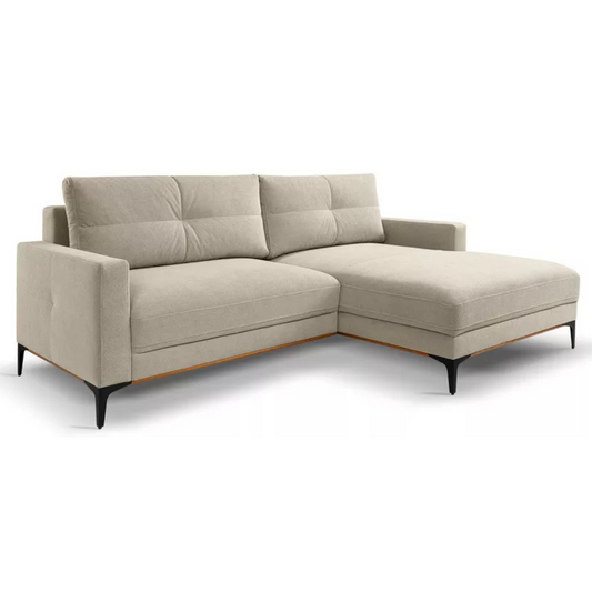 DASSINO L-formas stūra dīvāns ar gulēšanas funkciju ar glabātuvi, krēmkrāsas hidrofobs šenils, kreisa puse - N1 Home