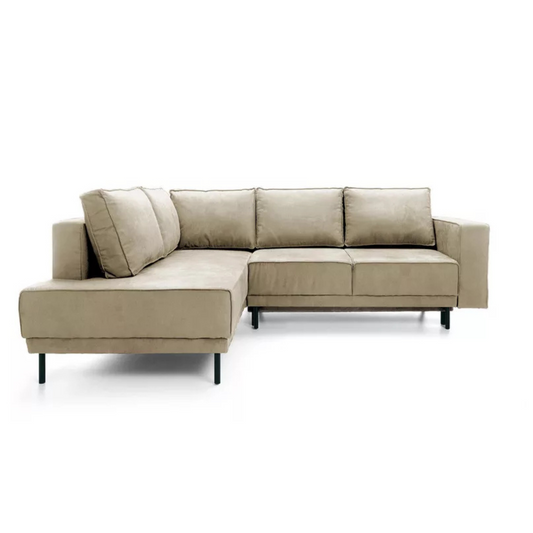 RIO Stūra dīvāns ar gulēšanas funkciju, ar konteineru, smilškrāsas samts, kreisa/laba puse - N1 Home