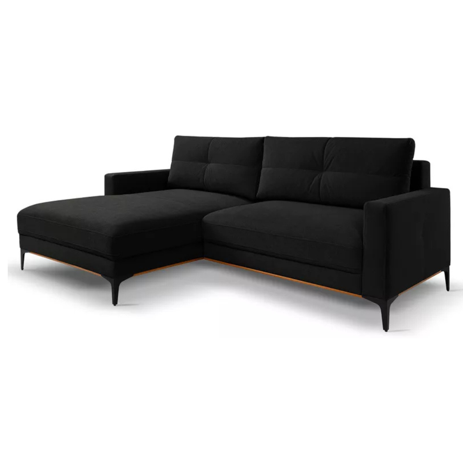 DASSINO L-formas stūra dīvāns ar gulēšanas funkciju ar glabātuvi, melns hidrofobs šenils, kreisa/laba puse - N1 Home