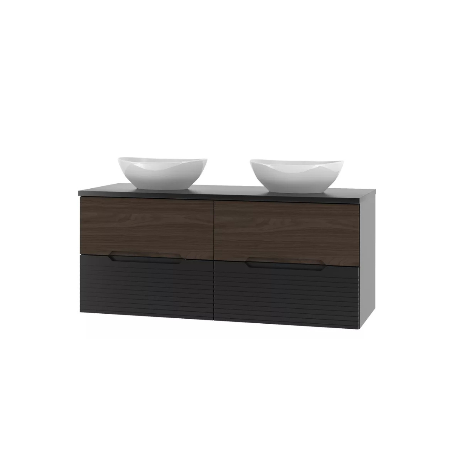 VELAV Vannas istabas komplekts ar diviem skapjiem un galda izlietnēm 120 cm, rievotas fasādes, matēts melns / riekstkoks - N1 Home