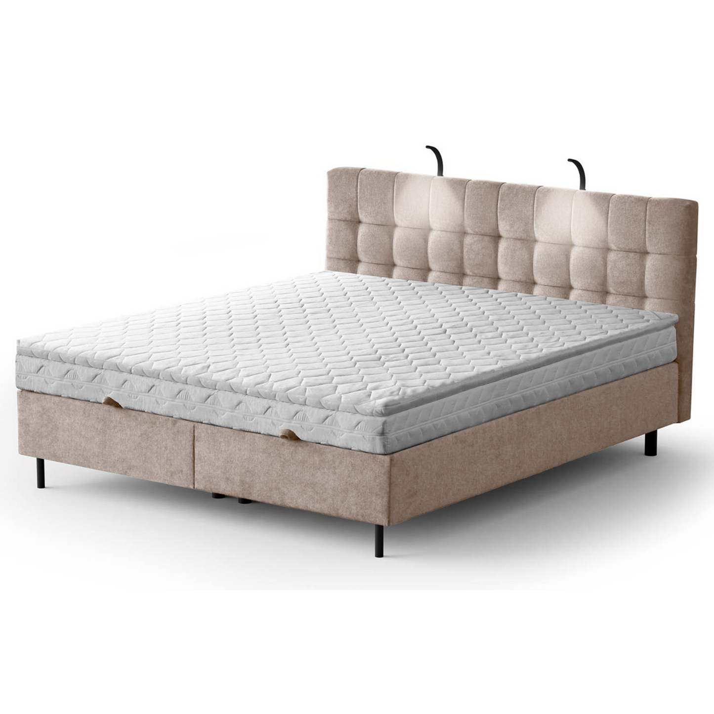 NUNA Kontinentālā gulta 140/160/180x200 cm ar matraci, glabātuvi un LED apgaismojumu, bēšs samts - N1 Home