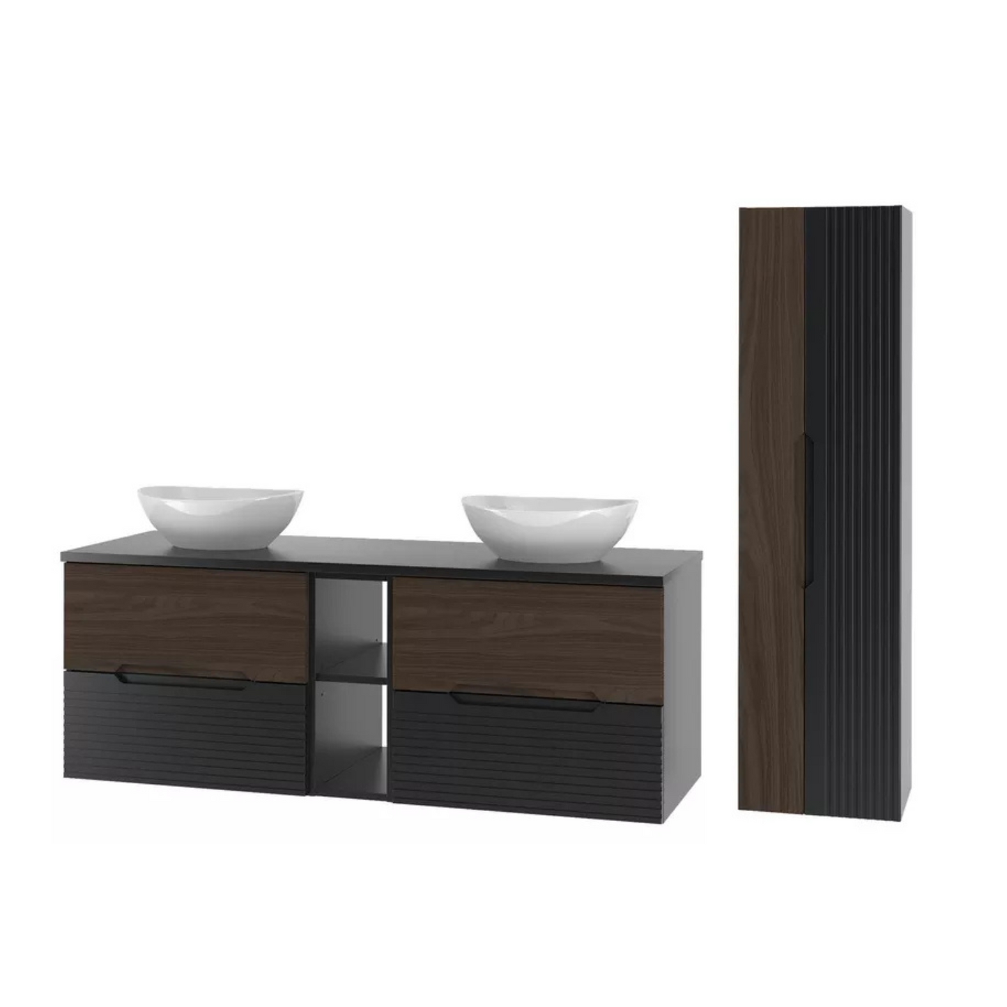 VELAV Vannas istabas komplekts ar izlietnēm uz galda un skapis 175 cm, rievotas fasādes, matēts melns / riekstkoks - N1 Home