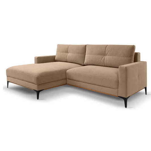 DASSINO L-formas stūra dīvāns ar gulēšanas funkciju ar glabātuvi, smilškrāsas hidrofobs šenils, kreisa/laba puse - N1 Home