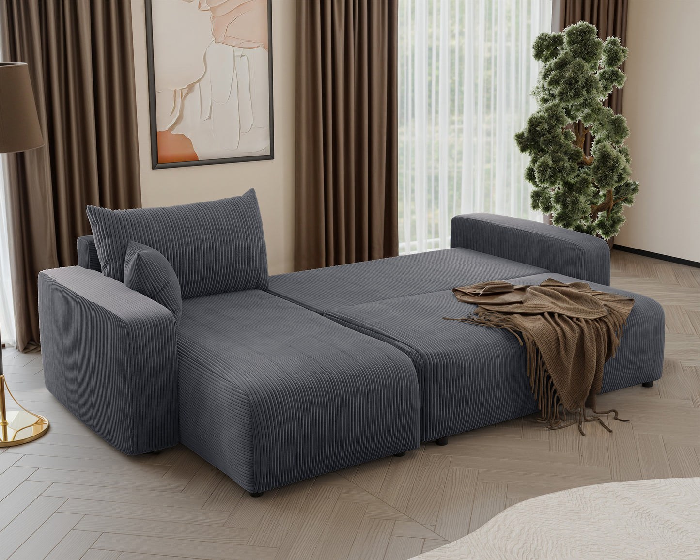 NONIPIA L-formas stūra dīvāns ar gulēšanas funkciju, ar konteineri, universāls, pelēks velvets - N1 Home