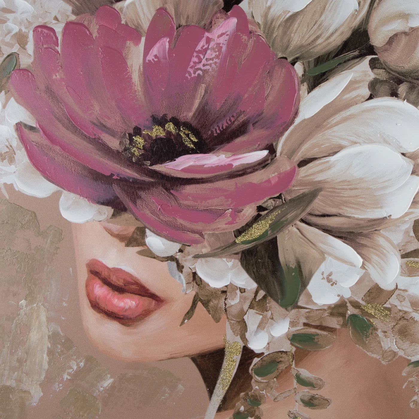 Glezna, ar roku gleznota uz audekla, sievietes portrets ar ziediem uz galvas 80/100 cm - N1 Home