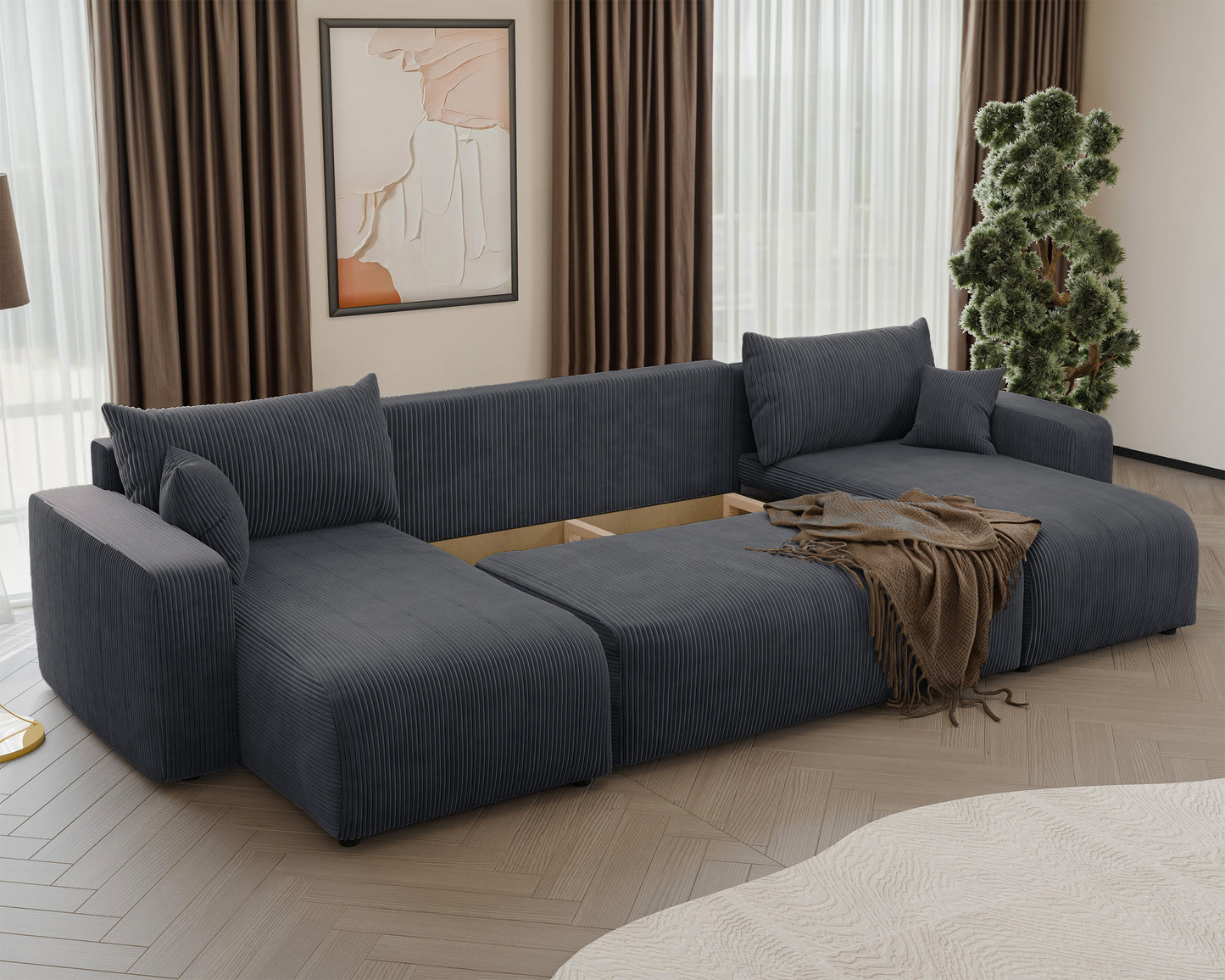 NONIPIA U-formas stūra dīvāns ar gulēšanas funkciju, ar konteineri, universāls, pelēks velvets - N1 Home