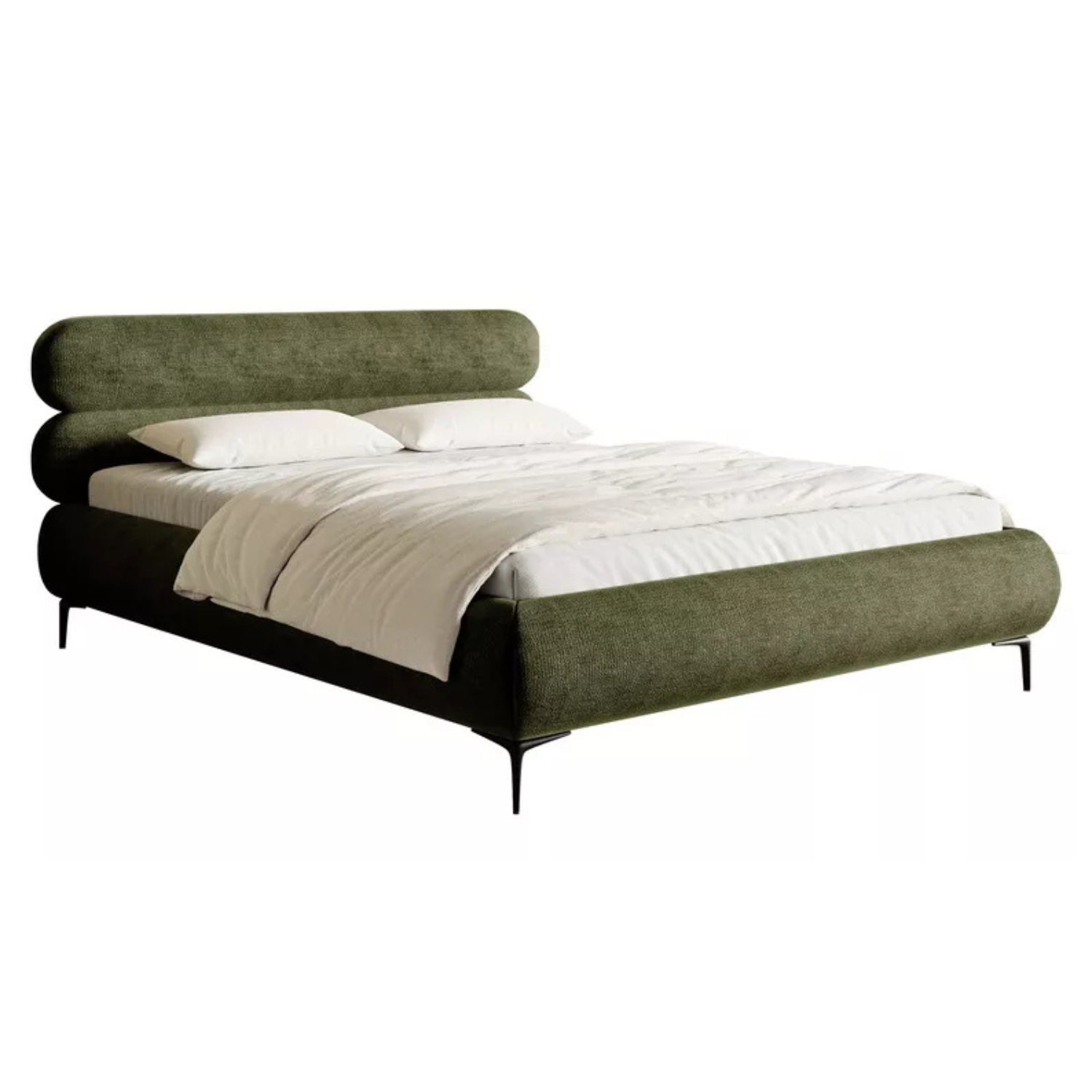 LOURE Mīkstā gulta 140/160/180x200 cm ar glabātuvi, metāla rāmis, olīvu šenils, melnas kājas - N1 Home