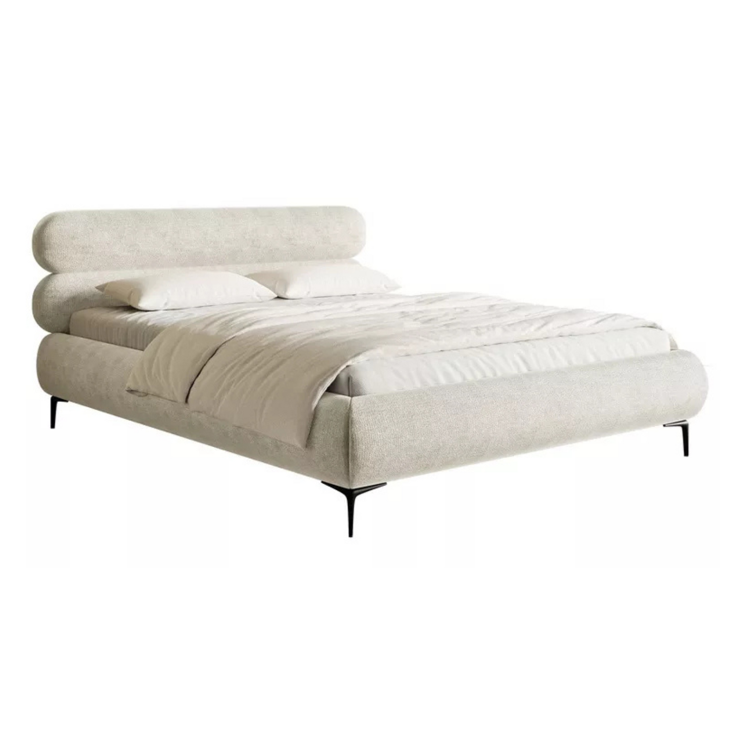 LOURE Mīkstā gulta 140/160/180x200 cm ar glabātuvi, metāla rāmis, pelēks un bēšs šenils, melnas kājas - N1 Home