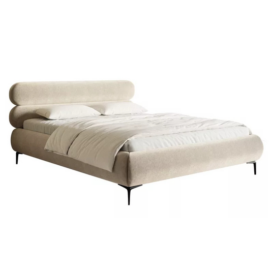 LOURE Mīkstā gulta 140/160/180x200 cm ar glabātuvi, metāla rāmis, gaiši bēšs hidrofobs samts, melnas kājas - N1 Home