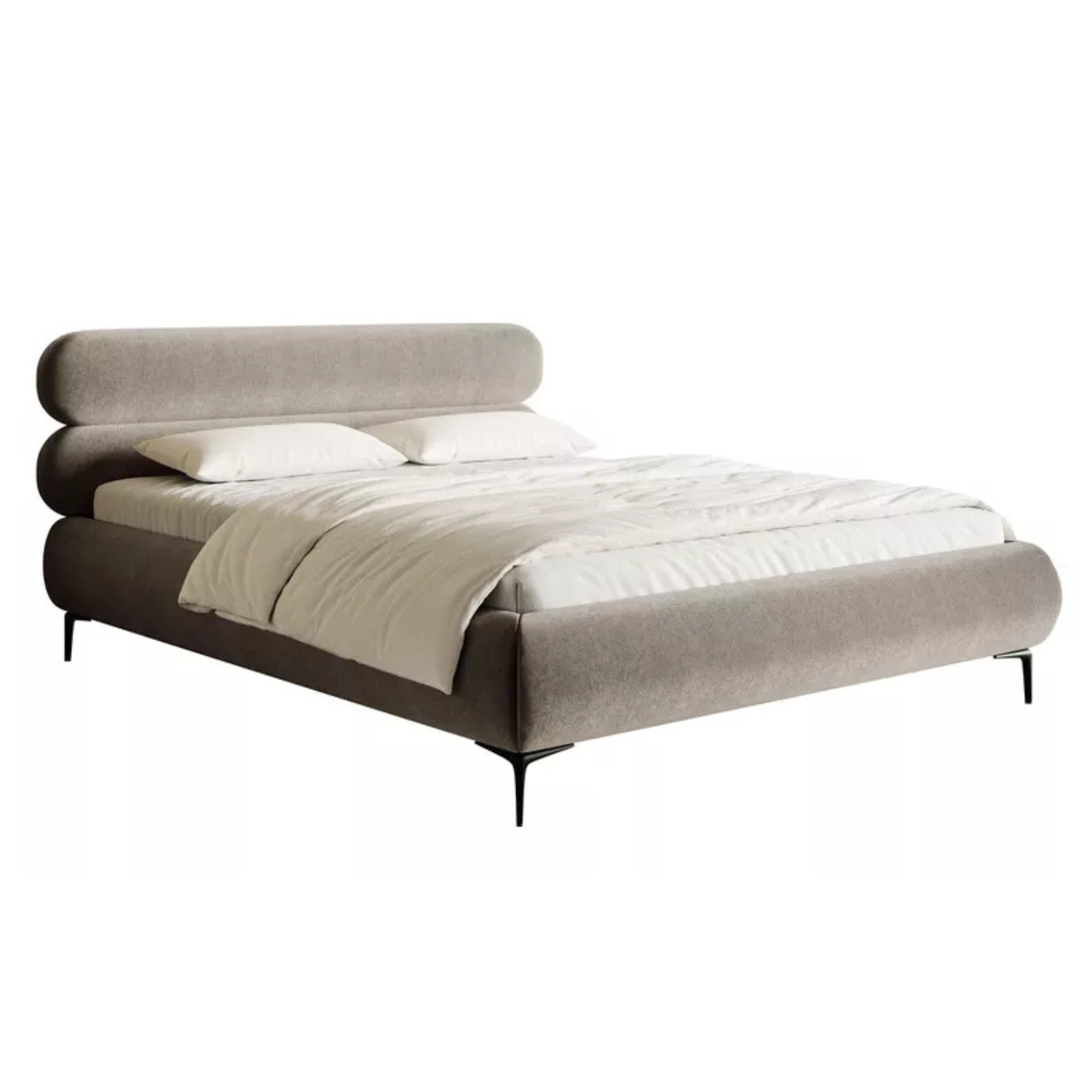 LOURE Mīkstā gulta 140/160/180x200 cm ar glabātuvi, metāla rāmis, pelēks un bēšs hidrofobs samts, melnas kājas - N1 Home