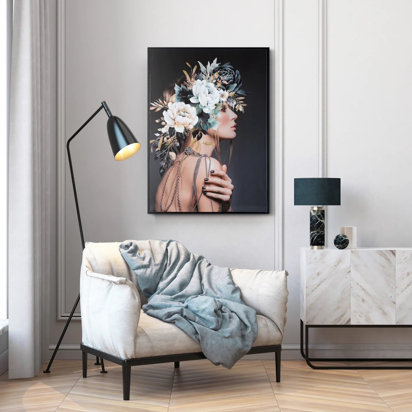 Glezna ar noslēpumainas sievietes audekla apdruka ar spoguļapdari 60/80 cm - N1 Home