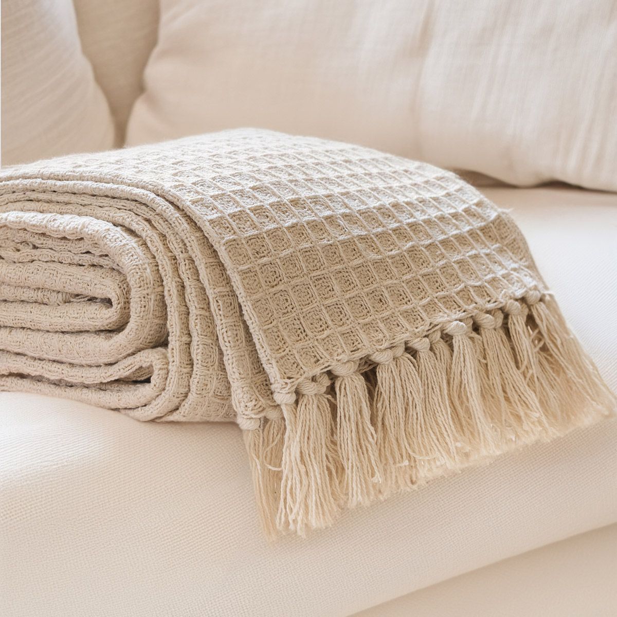 Kokvilnas sega Vaffe ar bārkstīm 130x170 cm ekru - N1 Home