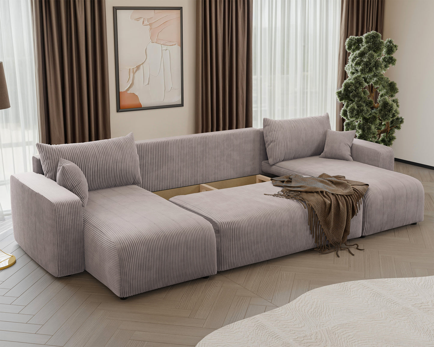 NONIPIA U-formas stūra dīvāns ar gulēšanas funkciju, ar konteineri, universāls, bēšs velvets - N1 Home