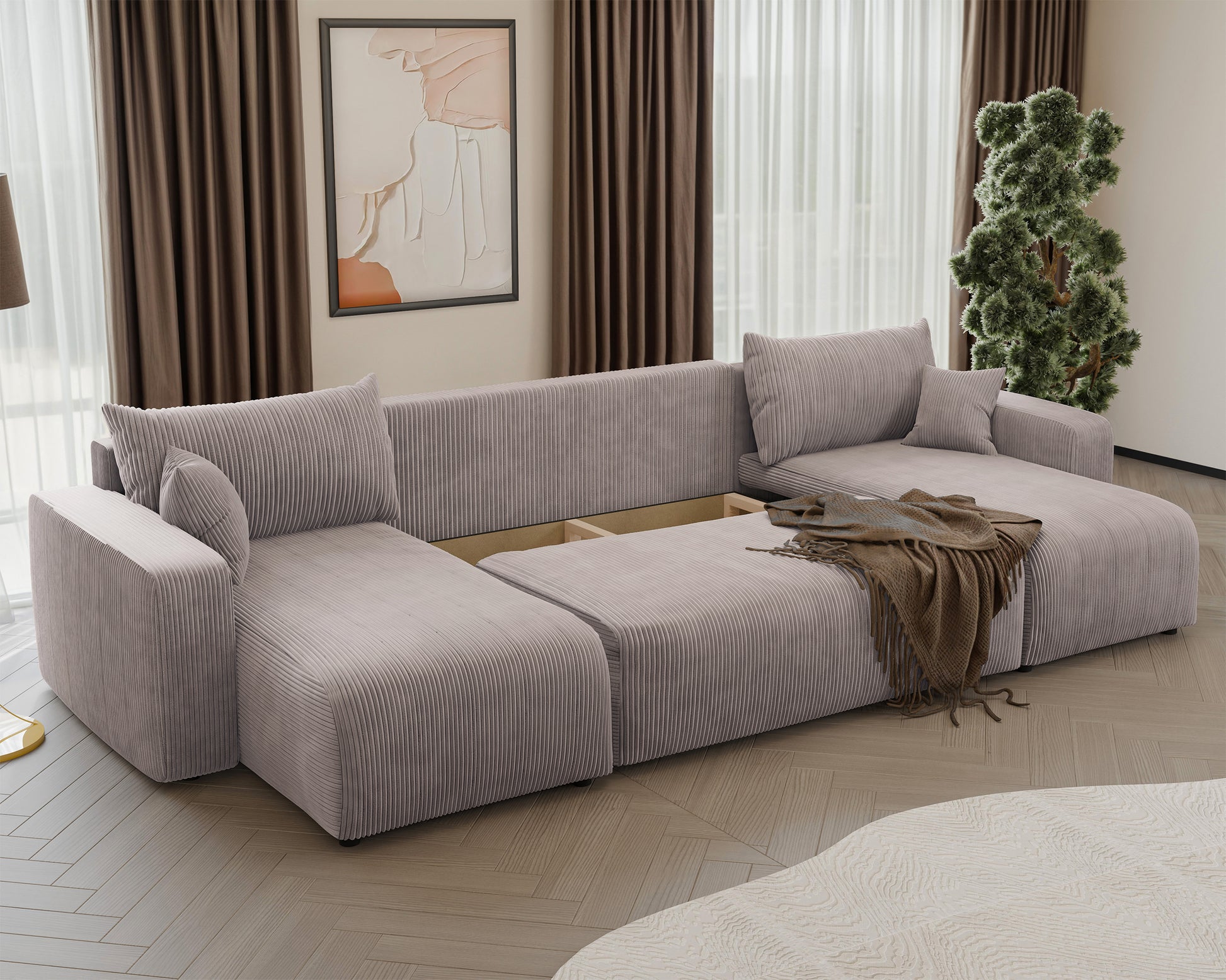 NONIPIA U-formas stūra dīvāns ar gulēšanas funkciju, ar konteineri, universāls, bēšs velvets - N1 Home