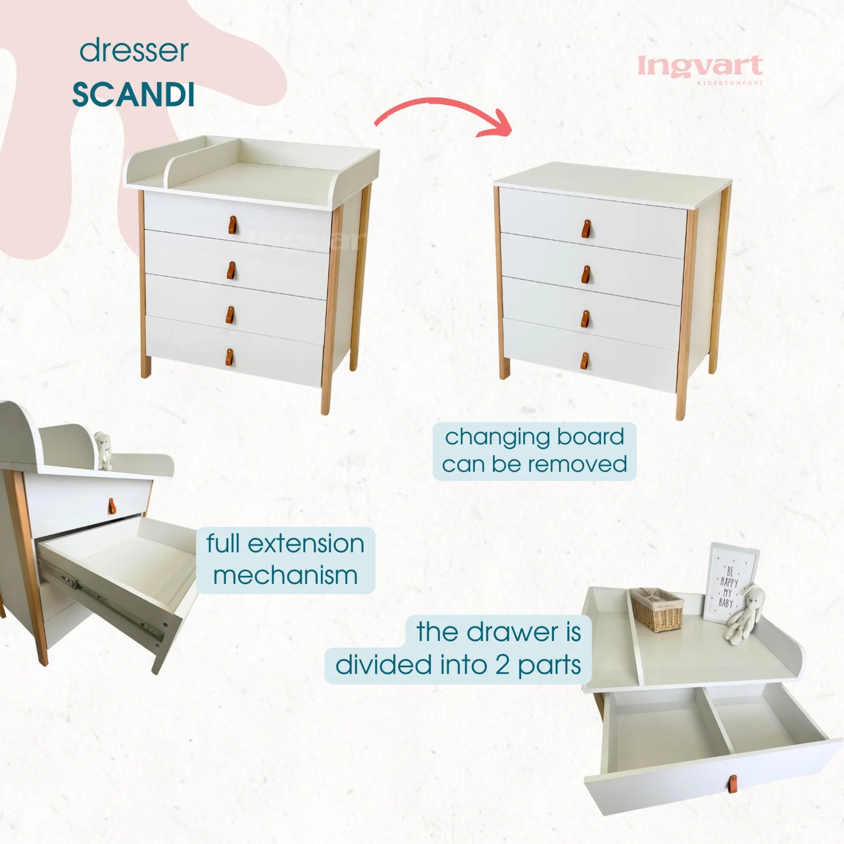 Ingvart Kumode ar Pārtinamo Galdiņu Scandi 82/80/50 cm White+Grey - N1 Home