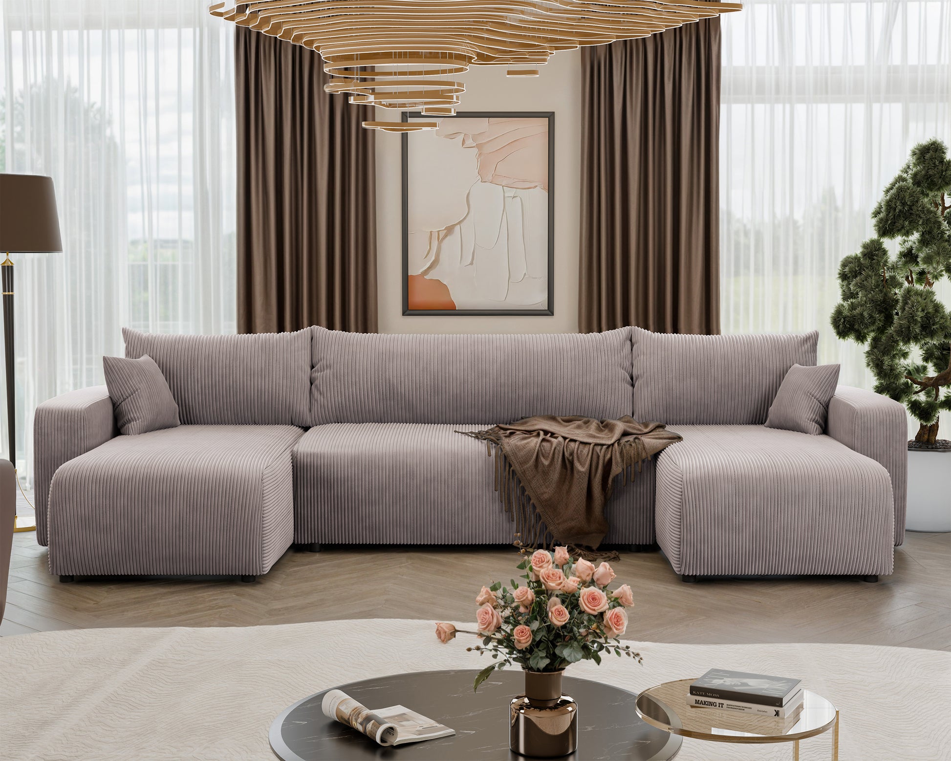 NONIPIA U-formas stūra dīvāns ar gulēšanas funkciju, ar konteineri, universāls, bēšs velvets - N1 Home