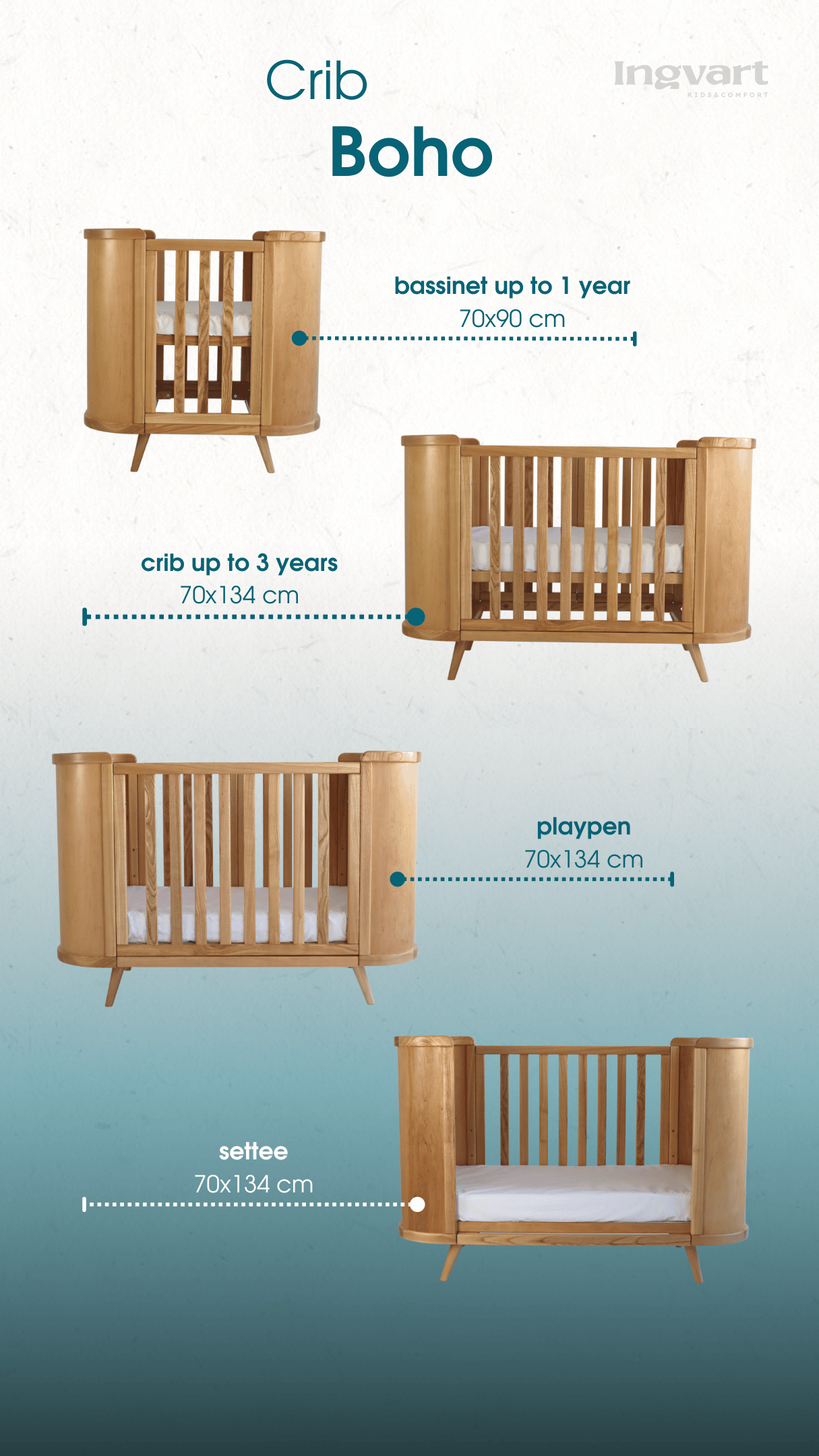 Gultiņa-transformers Boho ar kustīgu sienu 70/90-134 cm dabisks/dark mint velūrs - N1 Home