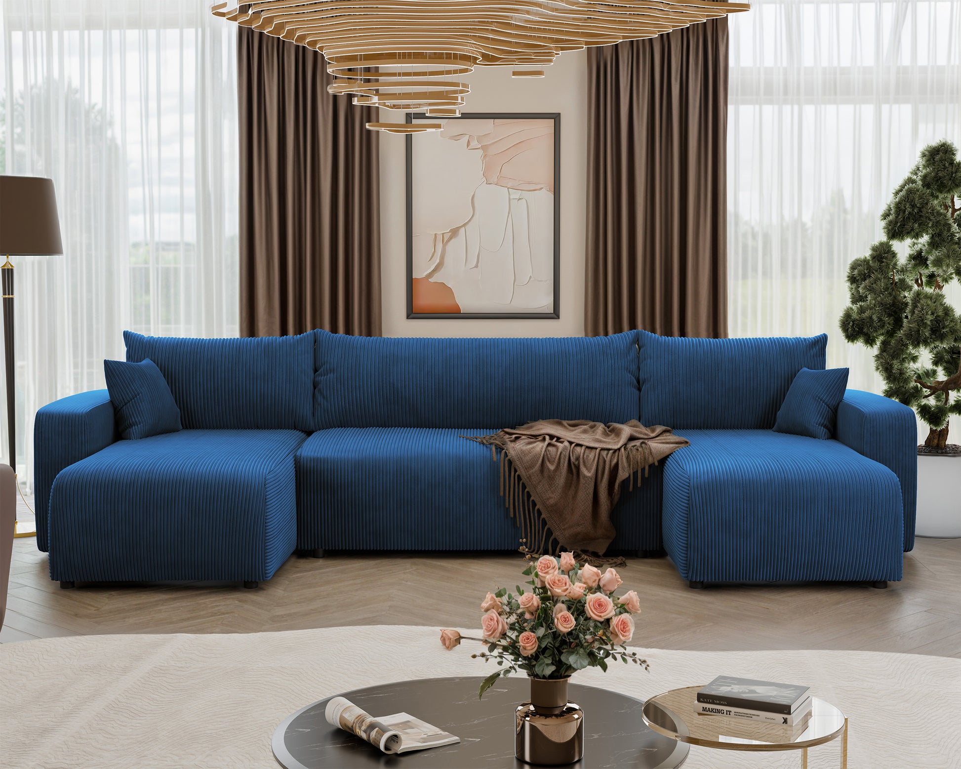 NONIPIA U-formas stūra dīvāns ar gulēšanas funkciju, ar konteineri, universāls, tumši zils velvets - N1 Home