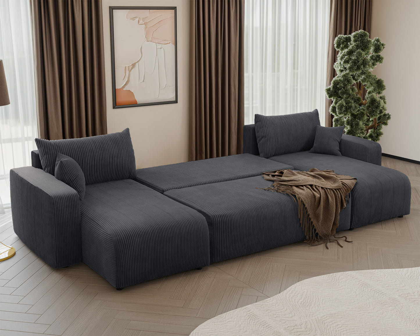 NONIPIA U-formas stūra dīvāns ar gulēšanas funkciju, ar konteineri, universāls, pelēks velvets - N1 Home