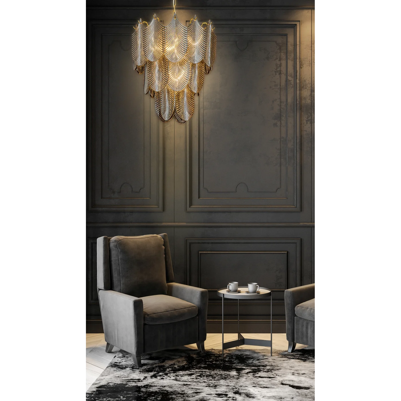 Lustra Mel ar stikla piekariņiem kūpināta stikla lapu veidā, 50 x 150 cm, grafīts, zelts - N1 Home