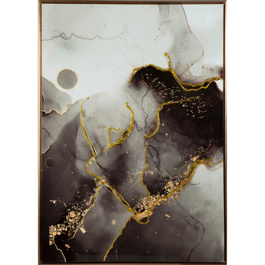 Abstrakta glezna ar zelta un melnu apdruku uz balta fona Aurora 73/103 cm - N1 Home