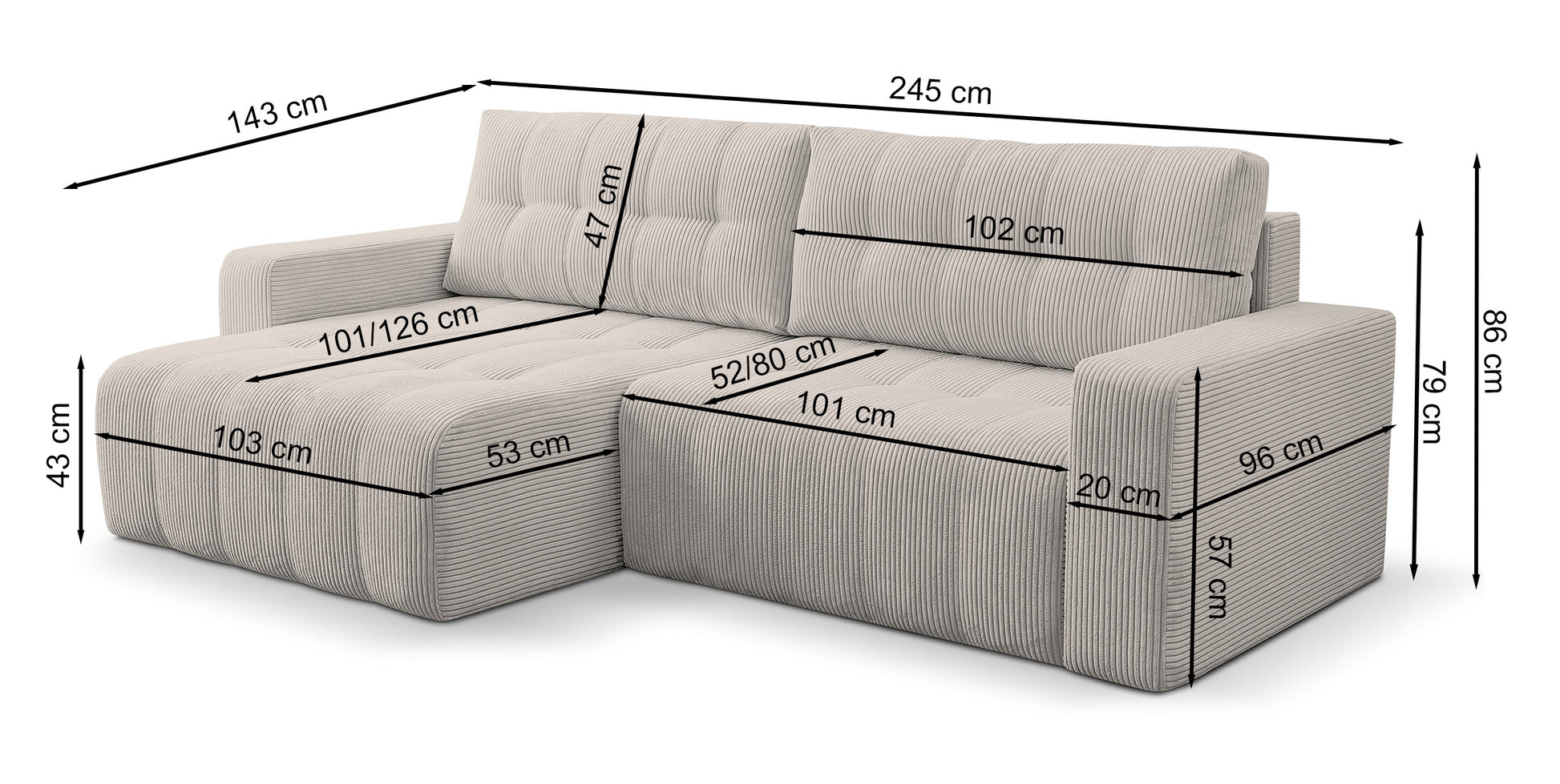 Dīvāns Mailes 86/245/143 cm Poso 34 - N1 Home