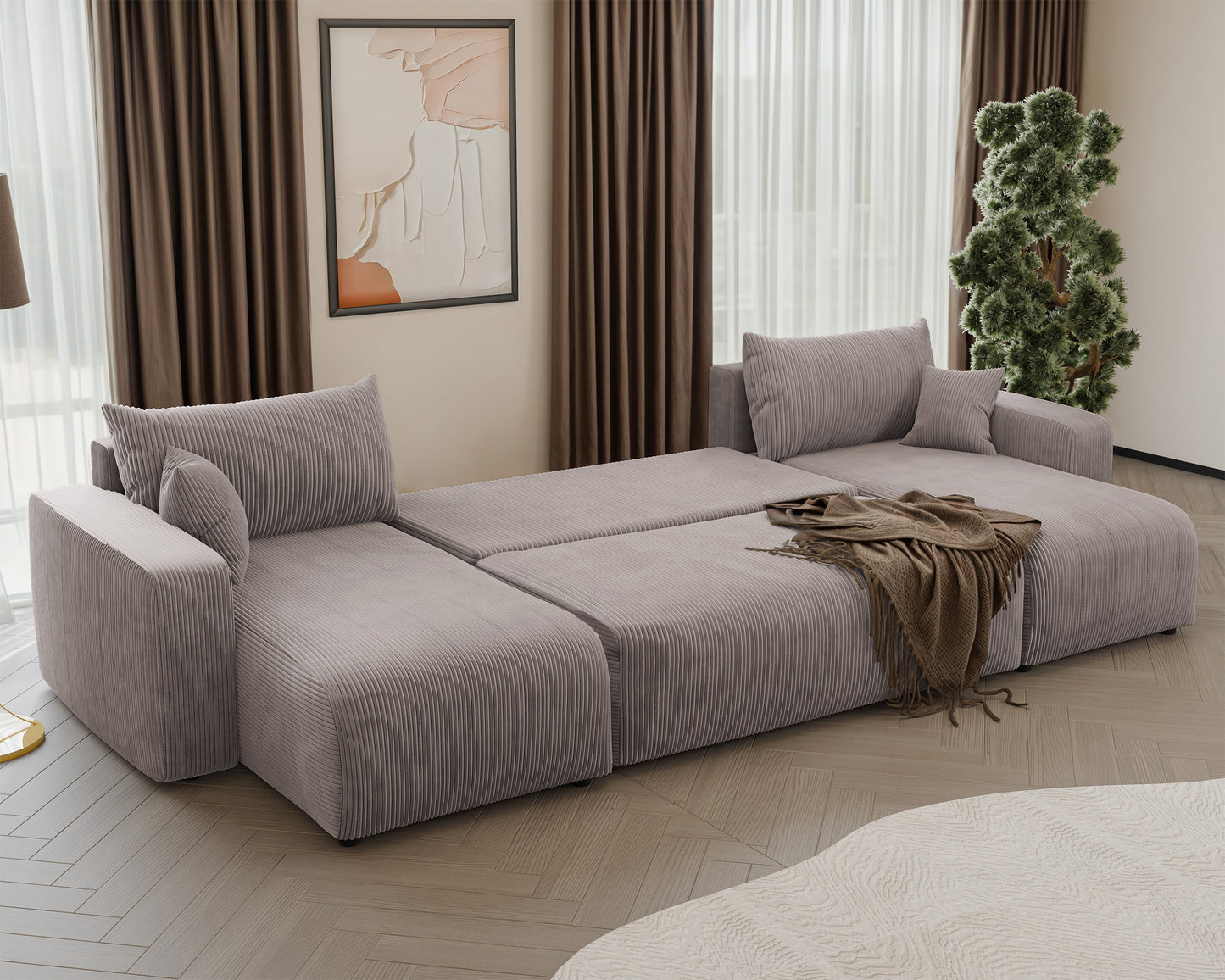 NONIPIA U-formas stūra dīvāns ar gulēšanas funkciju, ar konteineri, universāls, bēšs velvets - N1 Home