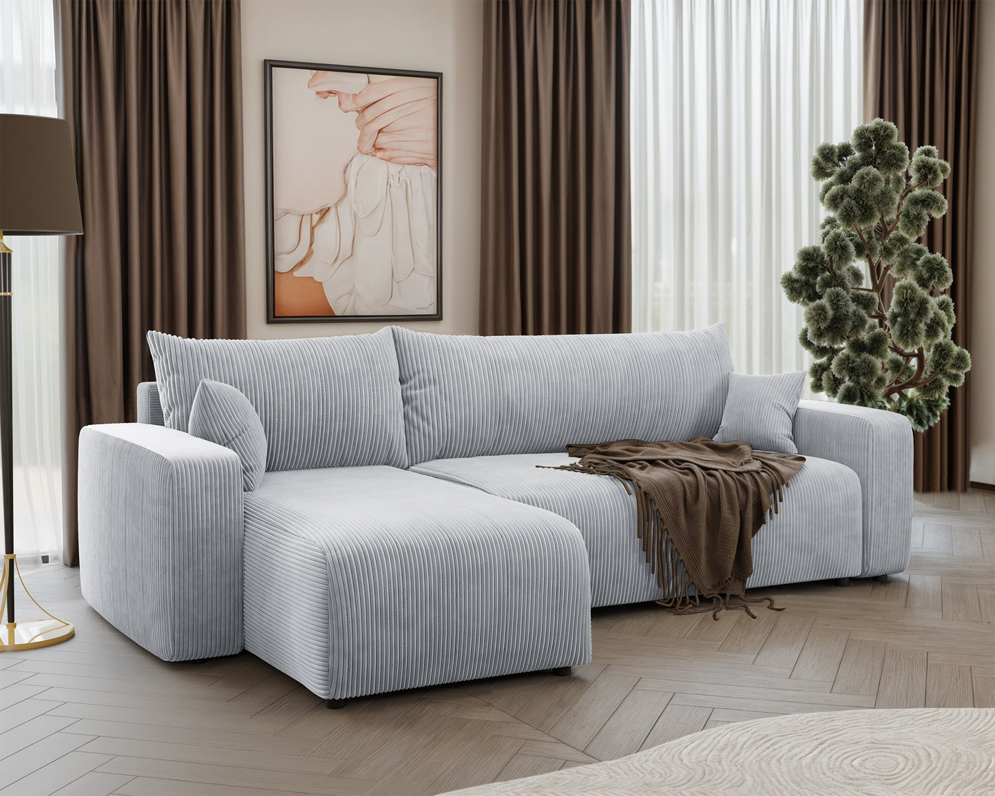 NONIPIA L-formas stūra dīvāns ar gulēšanas funkciju, ar konteineri, universāls, gaiši pelēks velvets - N1 Home