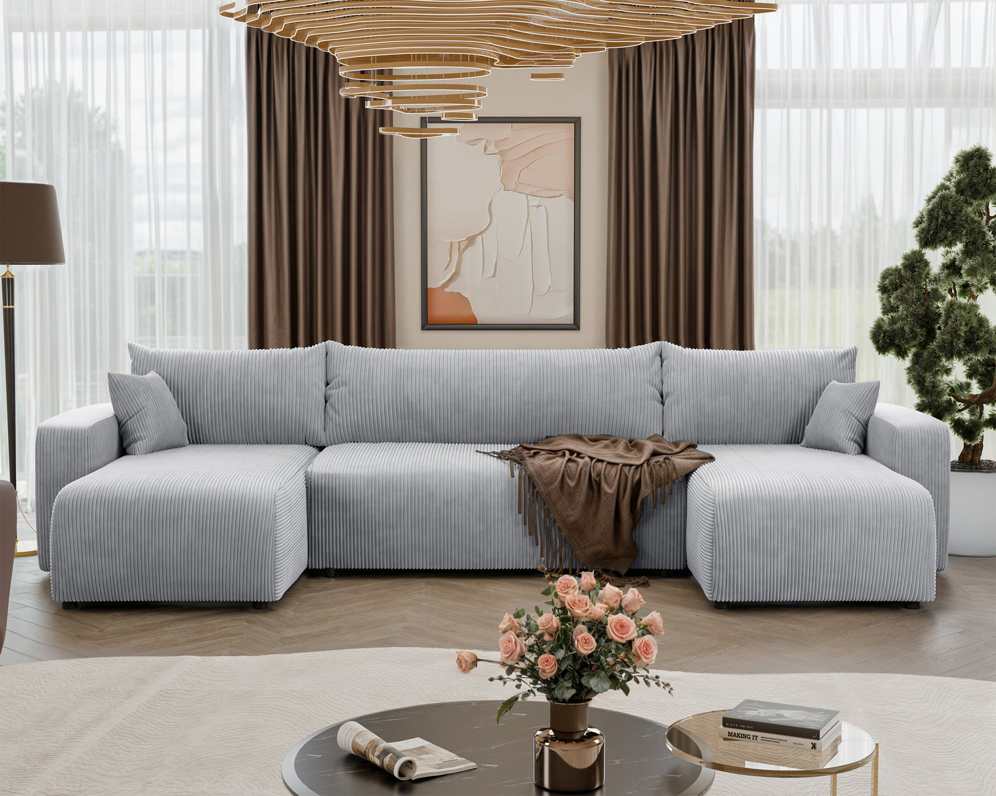 NONIPIA U-formas stūra dīvāns ar gulēšanas funkciju, ar konteineri, universāls, gaiši pelēks velvets - N1 Home