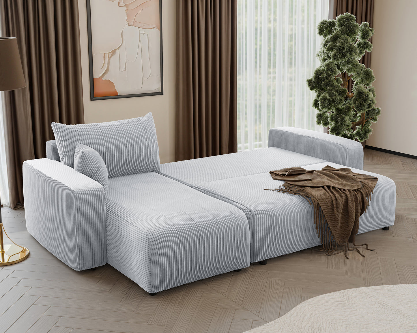 NONIPIA L-formas stūra dīvāns ar gulēšanas funkciju, ar konteineri, universāls, gaiši pelēks velvets - N1 Home