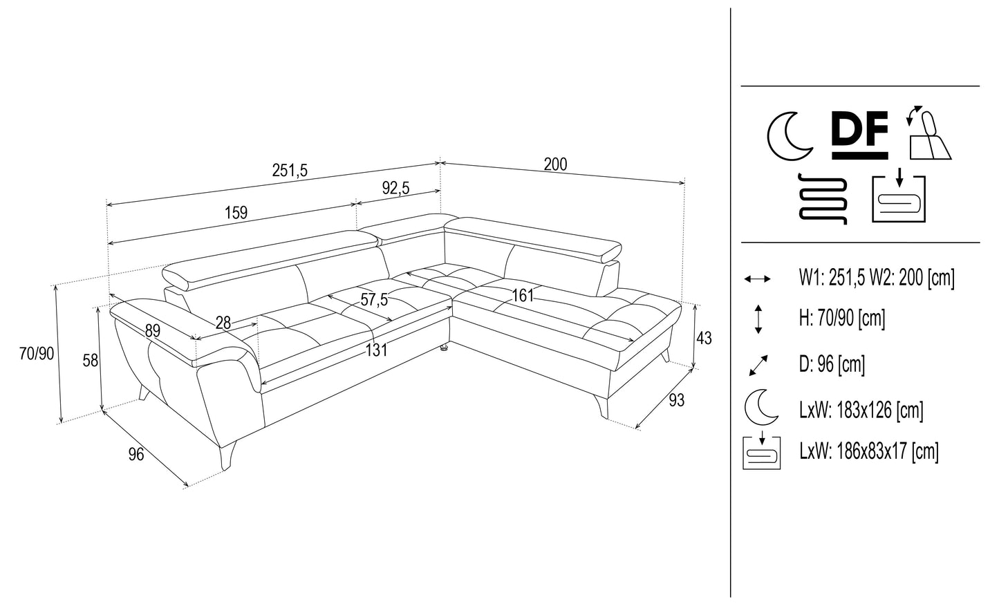 Dīvāns Alda 251/90/96 cm zils - N1 Home