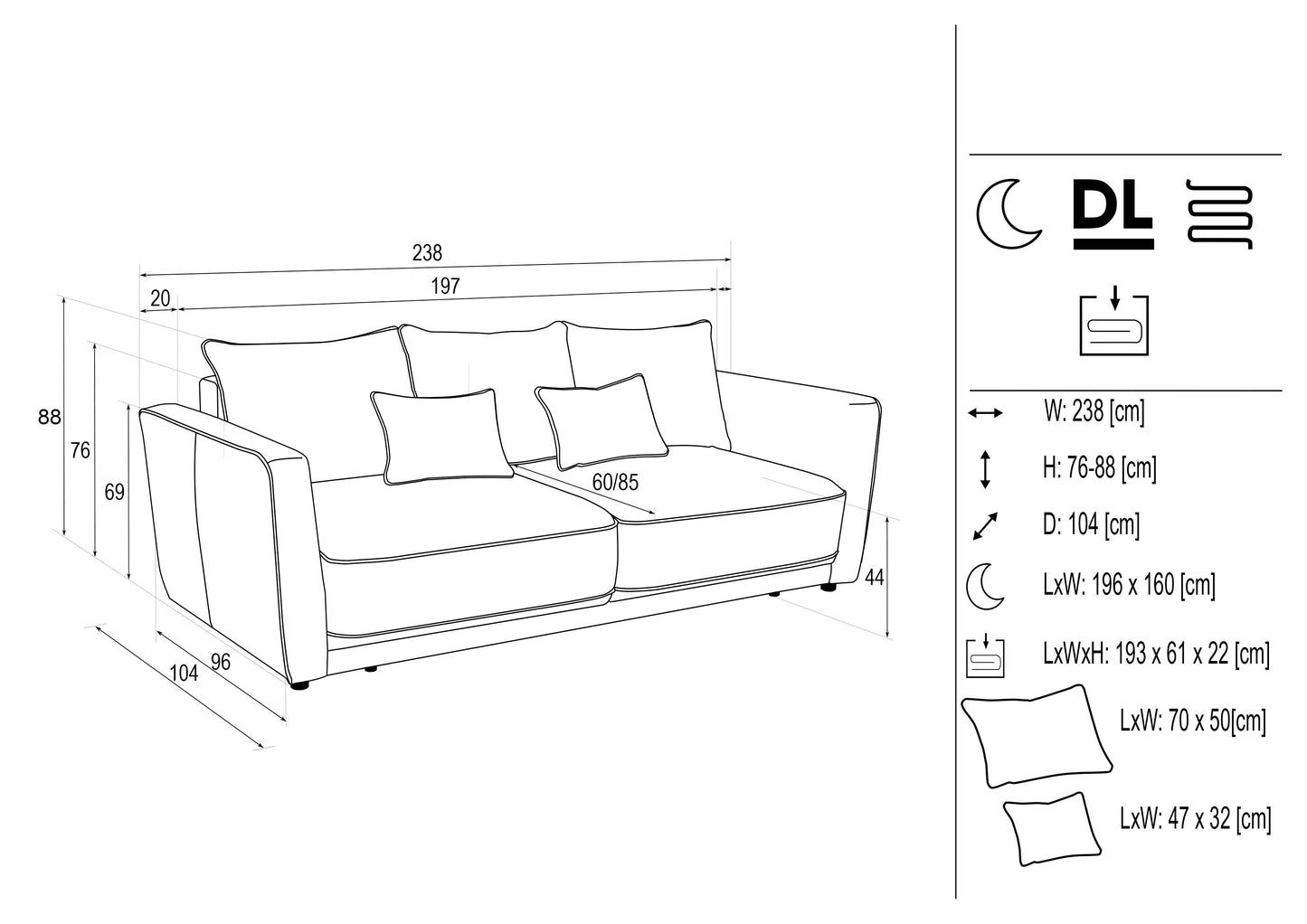Dīvans Andi 238/104/ 76 - 90 cm pelēks - N1 Home