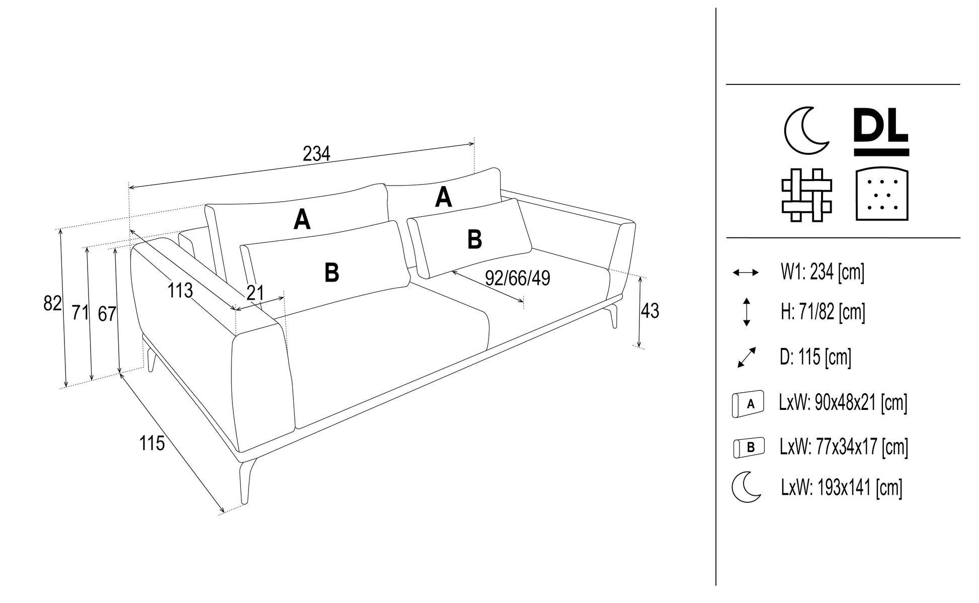 Dīvāns Avin 193/82/115; 234/82/113 cm krēms - N1 Home