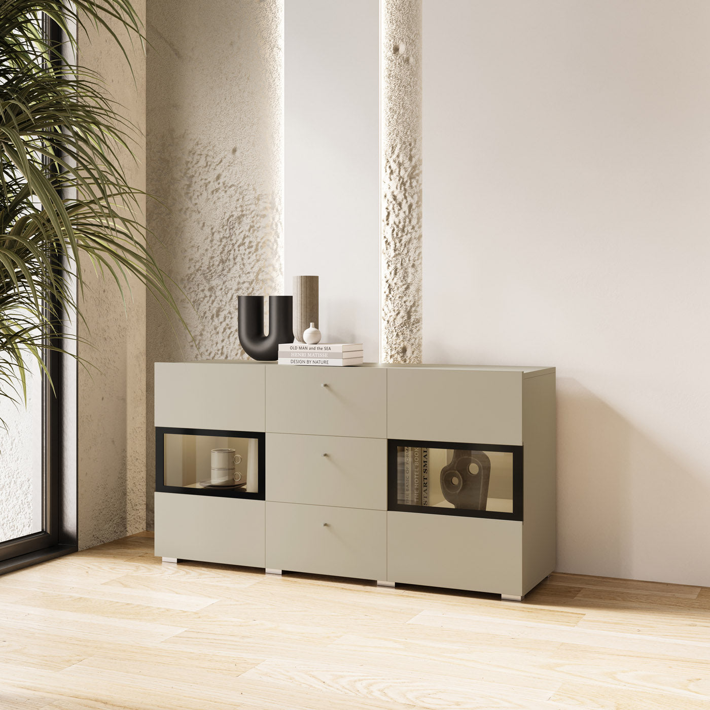 Kumode Barots 132/39/70 cm gaiši bēšs/melns - N1 Home