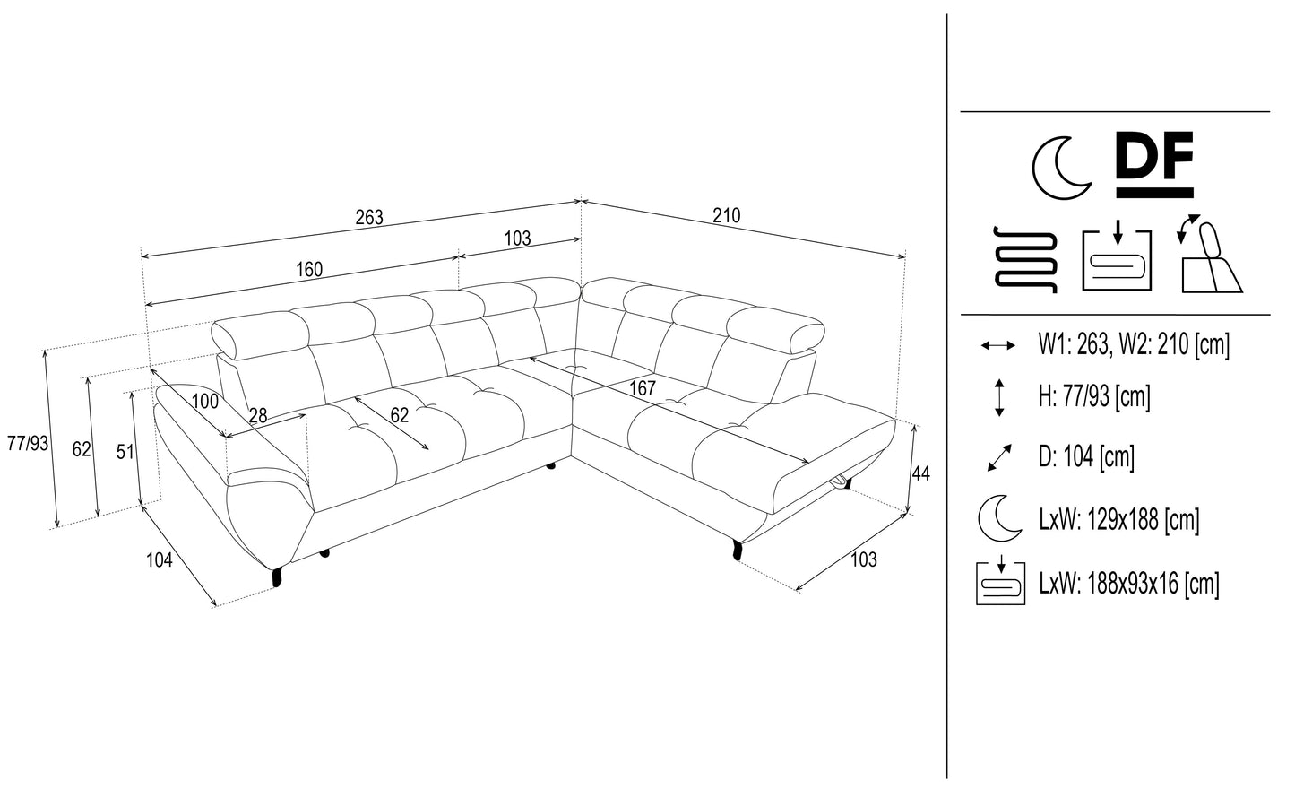 Dīvāns Boso 263/93/104 cm pelēks - N1 Home