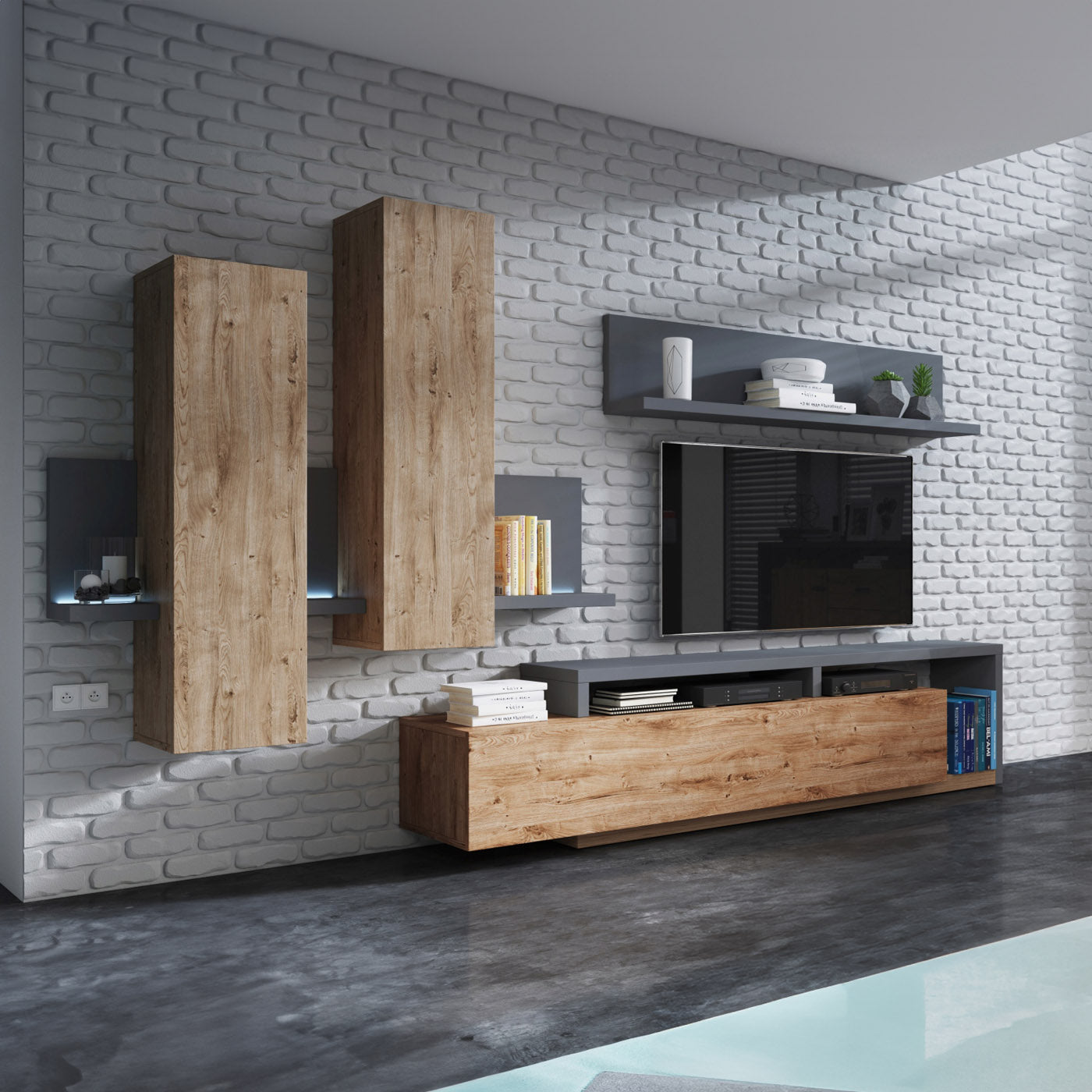 Sienas bloks Botes 219+/52/200 cm antracīts/ribbeka ozols