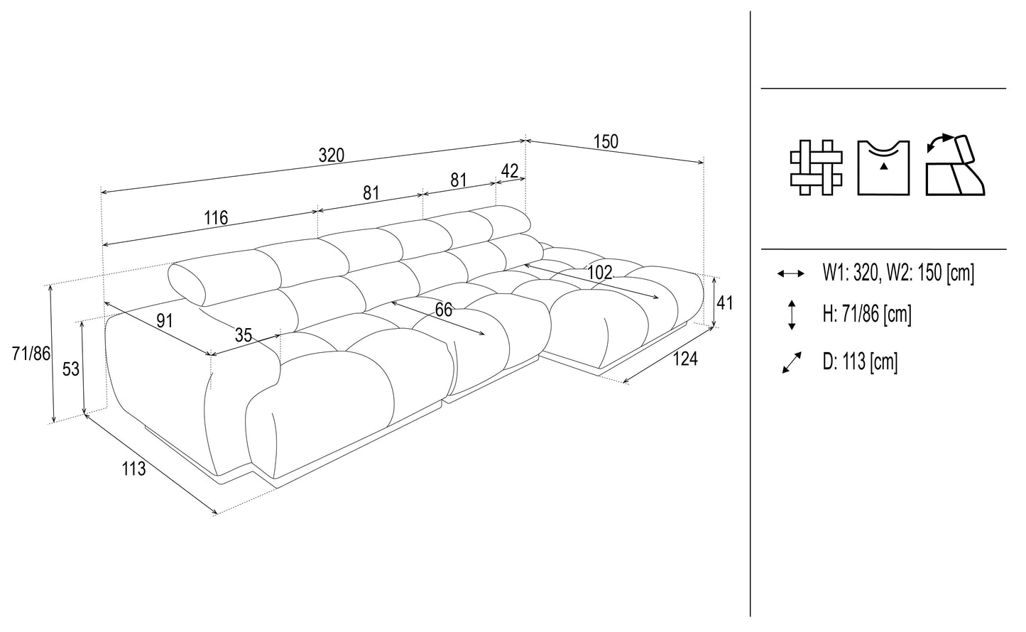 Dīvāns Chan 86/150/320 cm bordo - N1 Home