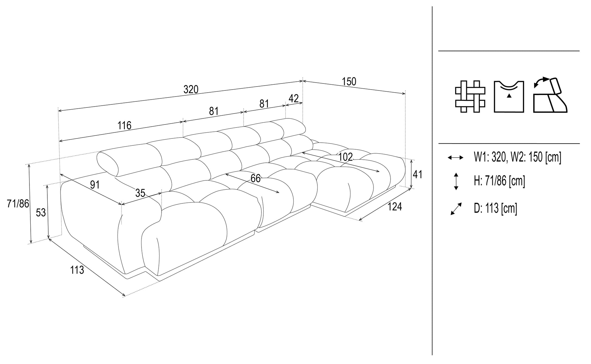 Dīvāns Chan 86/150/320 cm bordo - N1 Home