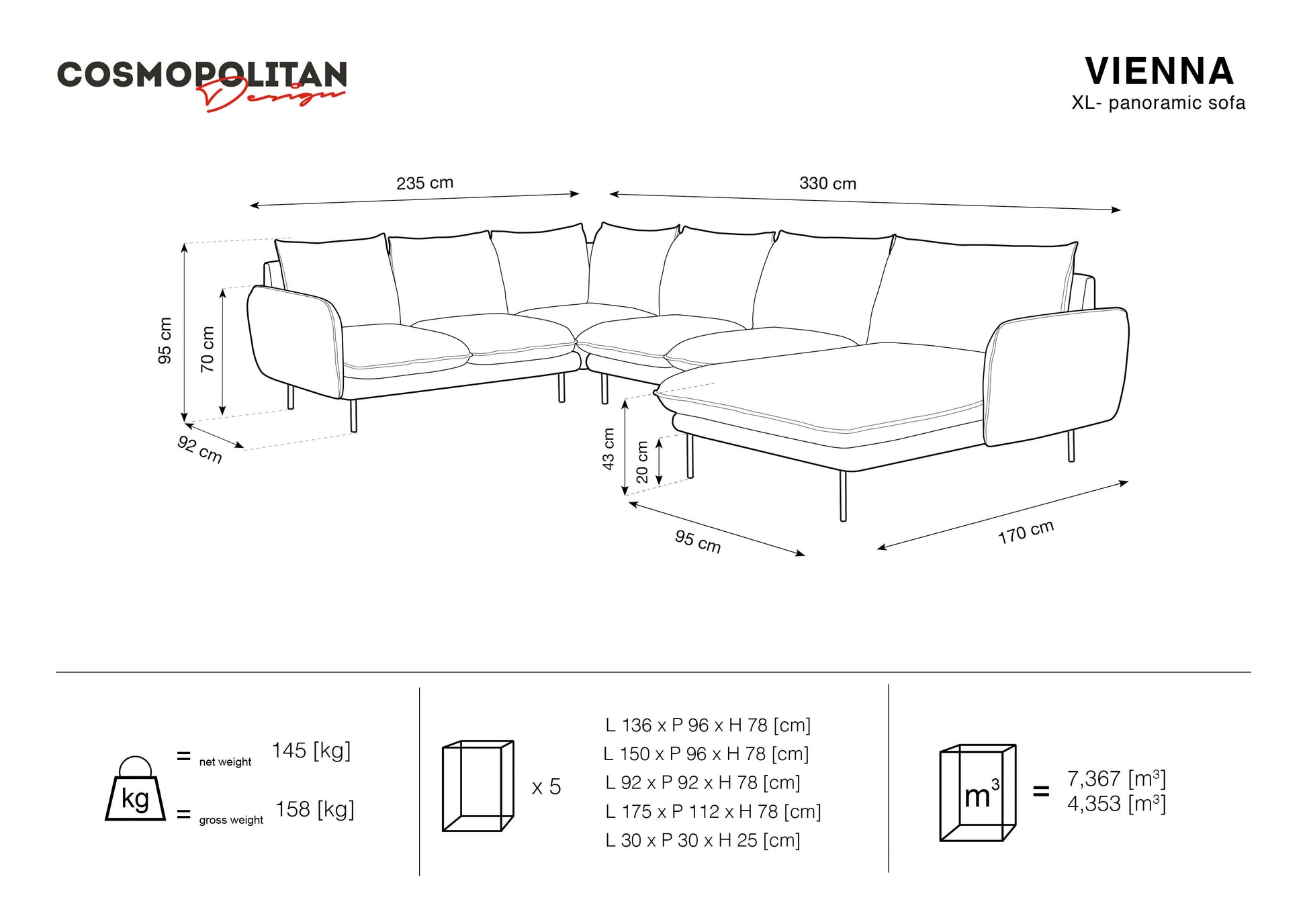 Dīvāns Cosmopolitan Design Vienna samta 330x235x95 cm lavandes - N1 Home