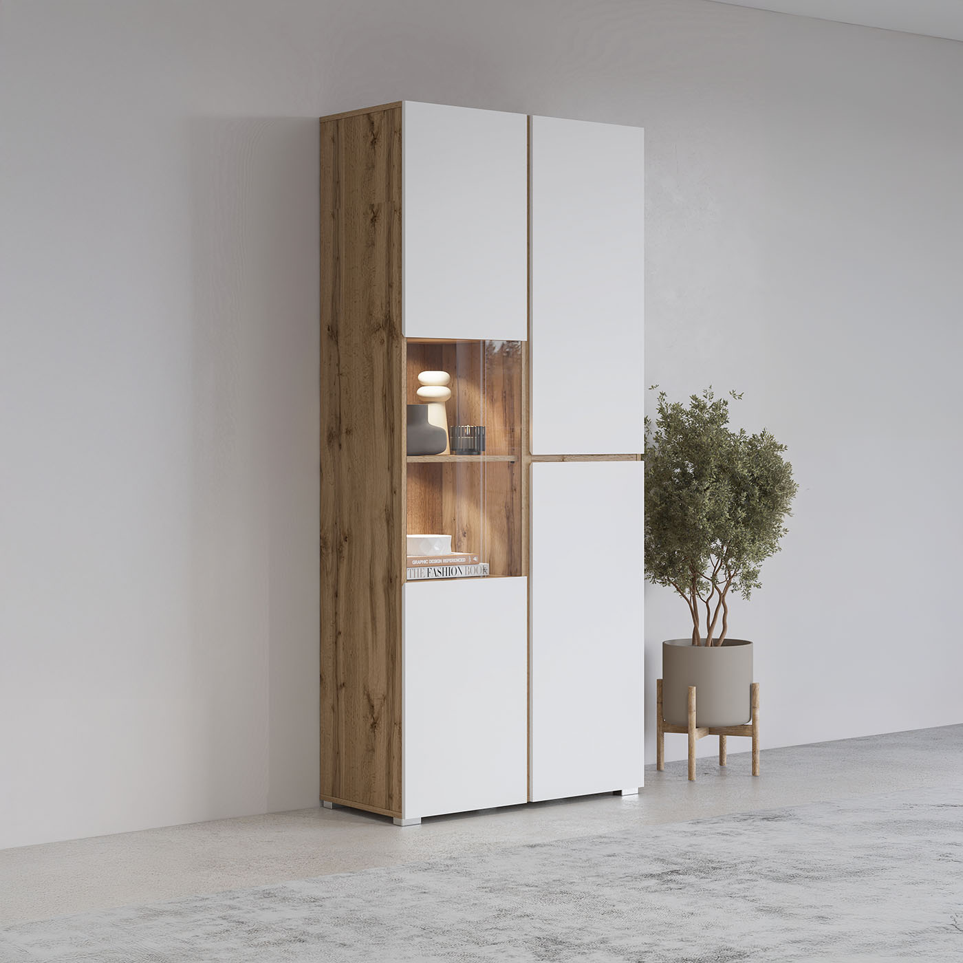 Vitrīnas skapis Krosit kolekcija 79/183/40 cm Votan ozols/balts