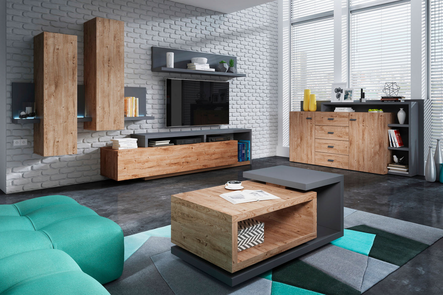 Sienas bloks Botes 219+/52/200 cm antracīts/ribbeka ozols