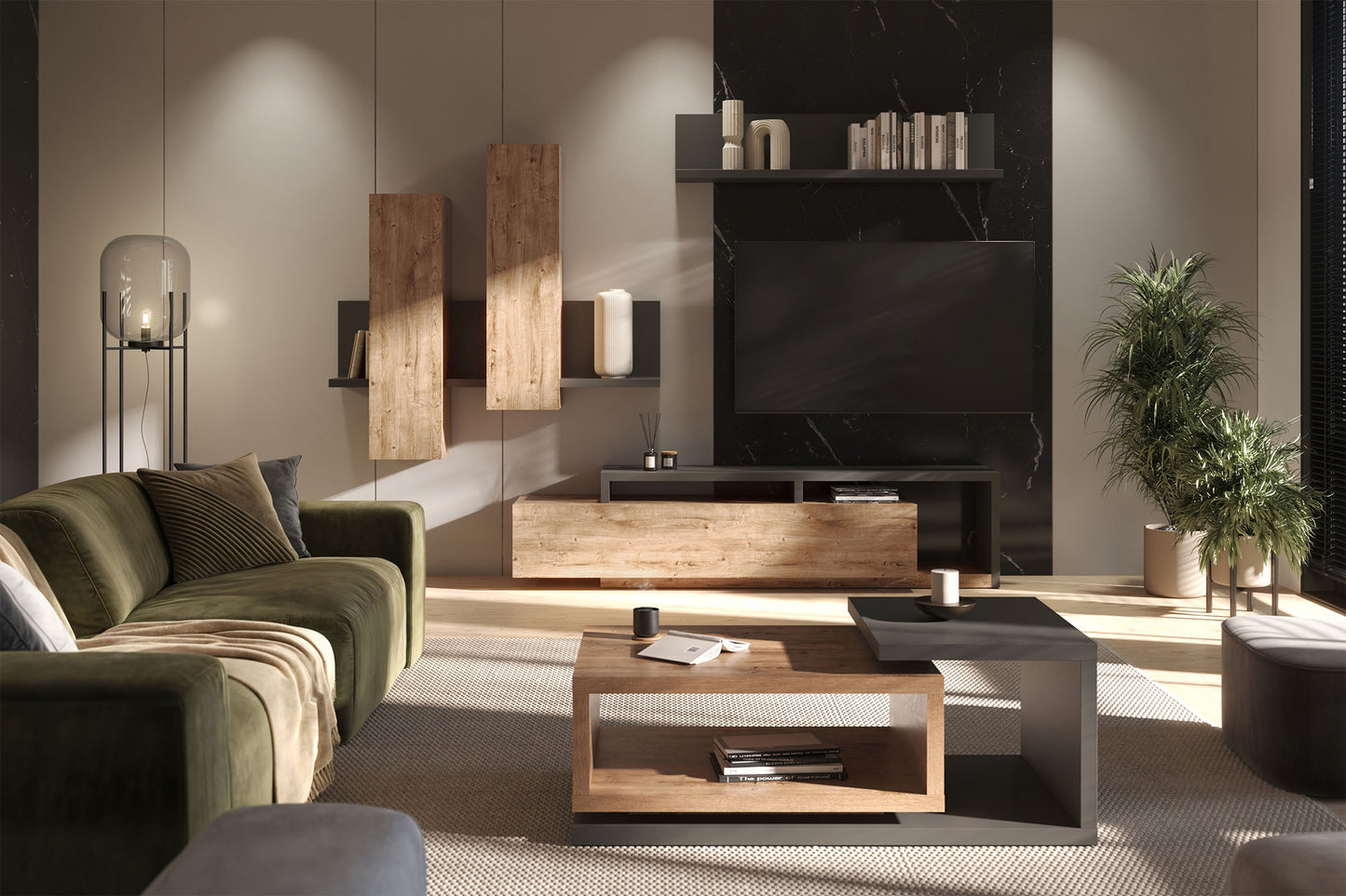 TV skapis Botas 219/45/52 cm antracīts/ribbeka ozols - N1 Home