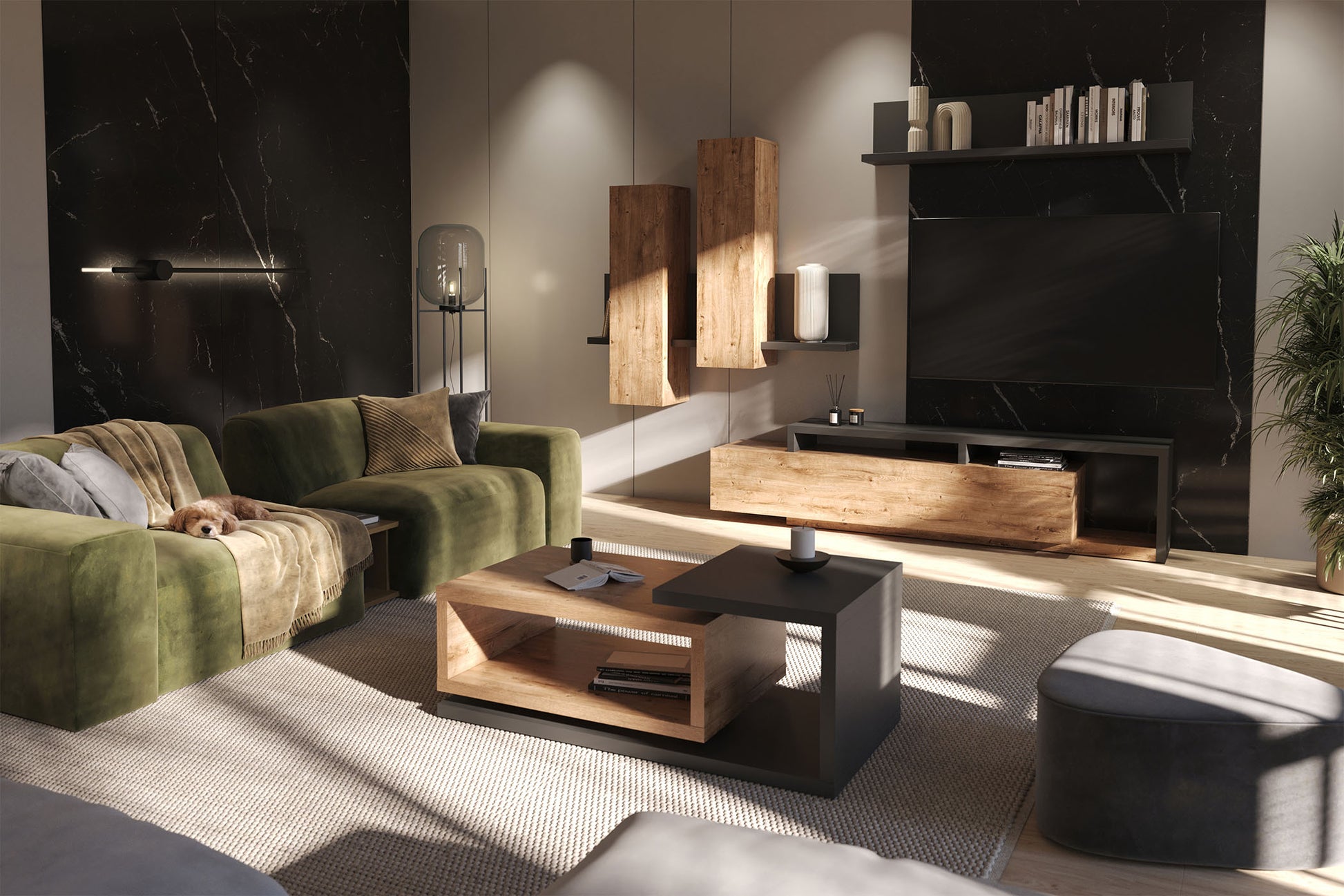 TV skapis Botas 219/45/52 cm antracīts/ribbeka ozols - N1 Home