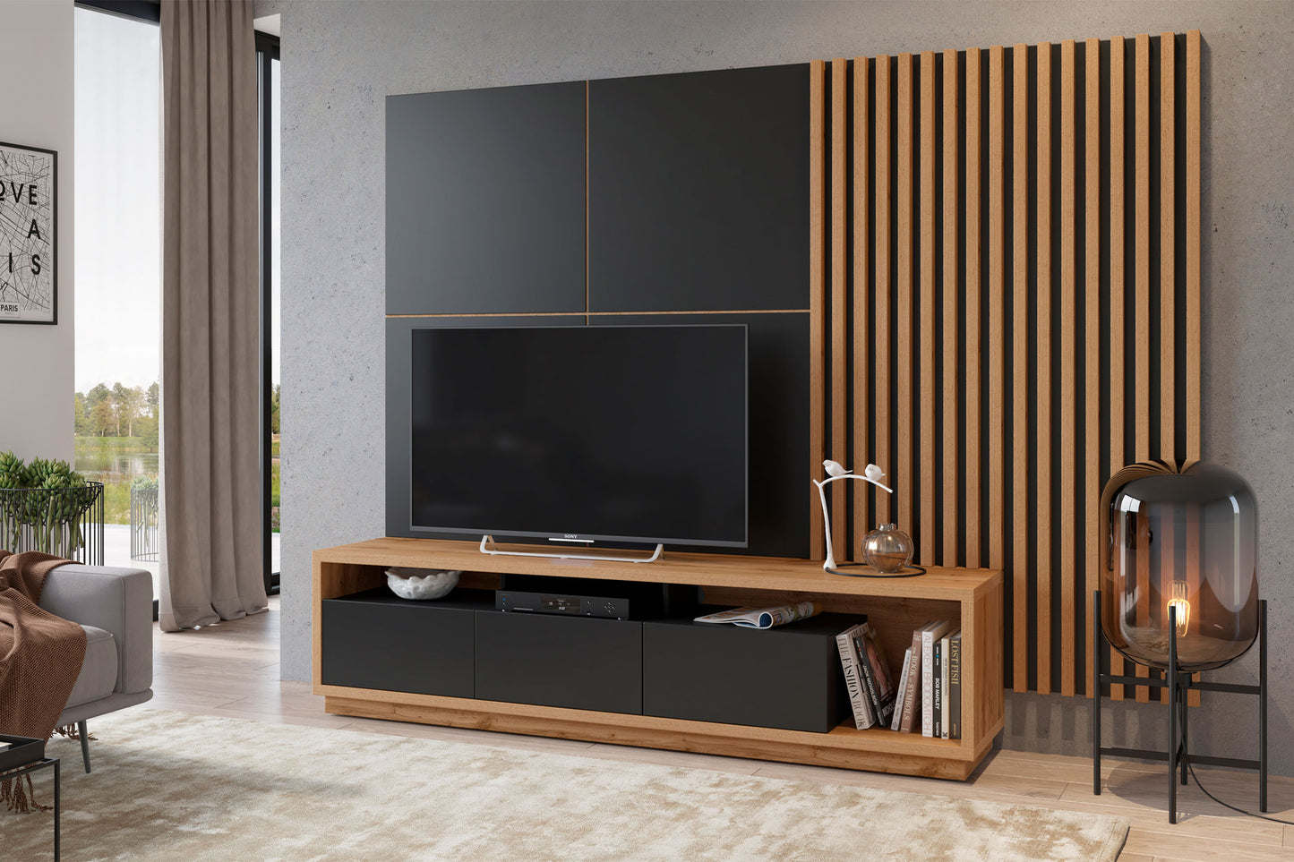 Sienas bloks Celija 215/196/45 cm melns/Votan ozols