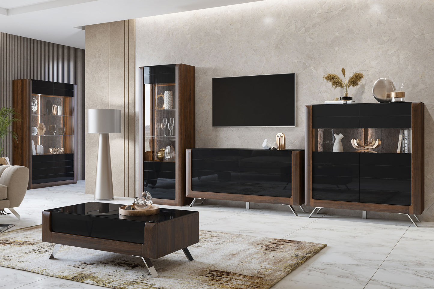 TV skapis Kavasari 199/48/52 cm Kolumbijas valrieksts/melns - N1 Home