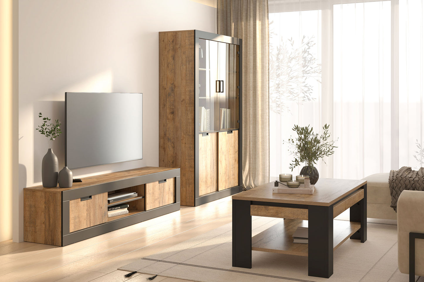 Vitrīnas skapis Valor 120/87/45 cm samdal ozols/melns